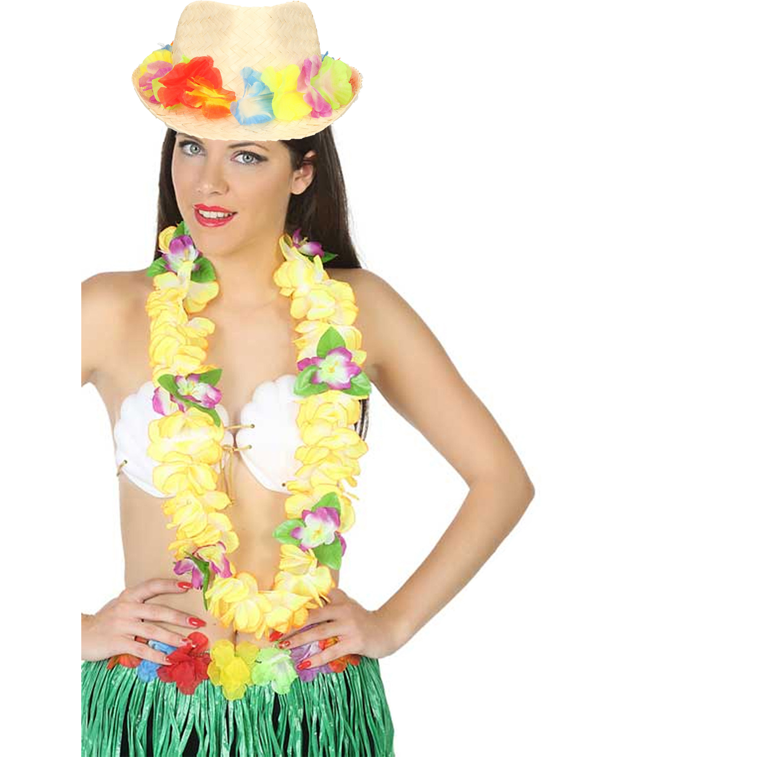 Carnaval verkleed set - Tropische Hawaii party - bloemen band strohoedje - en bloemenkrans geel Top Merken Winkel